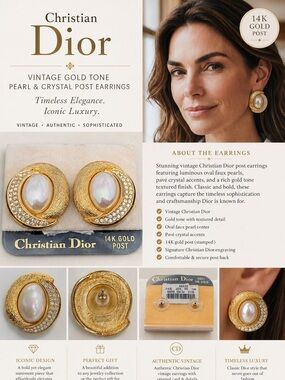 Vintage Christian Dior Germany  Pearl Rhinestone Earrings 14K Gold Post